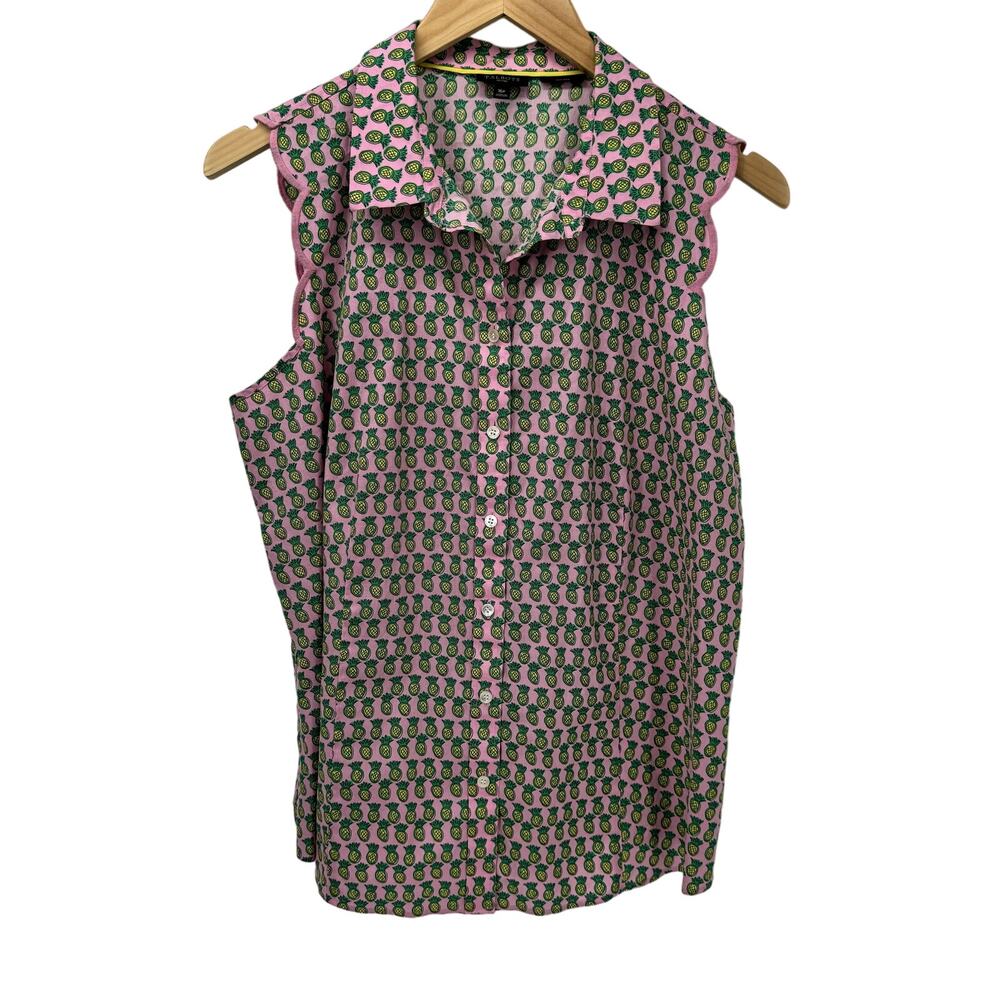 Talbots Blouse Womens Petite 16 16p Sleeveless Button‎ Up Pinapple Print Pink